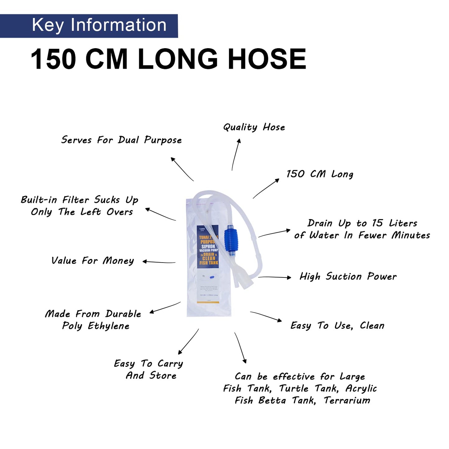 Tunai 2in1 Purpose Siphon Pump |150 Cm Long| for Draining and Cleaning The Aquarium Fish Tank Gravel, Effective Non-Electric Water Pump and Drain Cleaner for Large Fish Tank, Turtle Tank