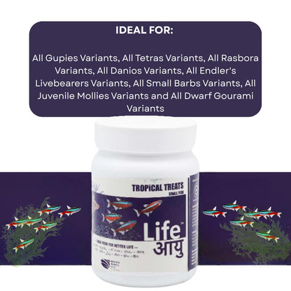 Life AAYU Tropical Treats Fish Food | Ayurvedic Immunity Boost with Spirulina, Moringa, Garlic & Color Enhancers | for All Tropical Fishes | (Small, 70 GMS)