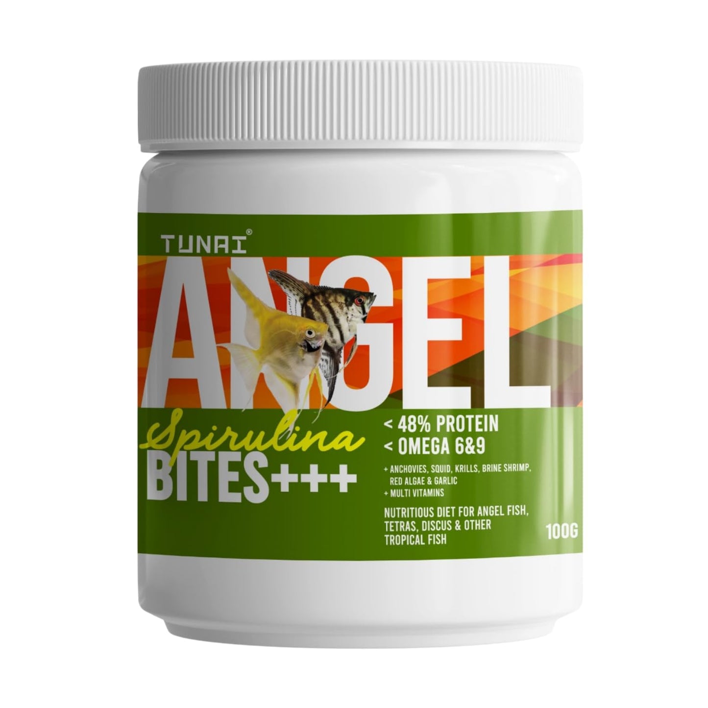 TUNAI Angel Spirulina Bites Fish Food |100g| Spirulina Granules | 100g | 48% Protein | Suitable to Fed for Angel, Gold Fish, Tetras, Discus, Red Parrot, Arowana, Red Parrot, Cichlids & Oscars