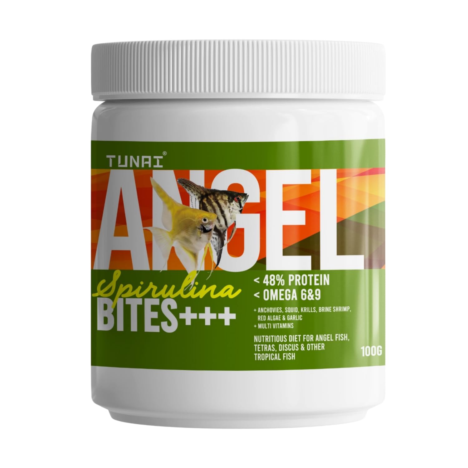 TUNAI Angel Spirulina Bites Fish Food |100g| Spirulina Granules | 100g | 48% Protein | Suitable to Fed for Angel, Gold Fish, Tetras, Discus, Red Parrot, Arowana, Red Parrot, Cichlids & Oscars