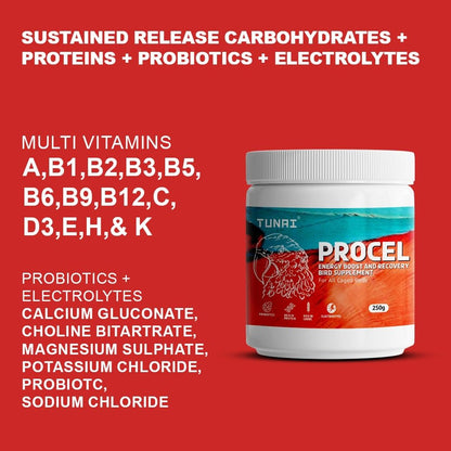TUNAI PROCEL |250g| Instant Release of Electrolytes, Proteins, Calcium, Probiotics & Other Nutrients for All Caged Birds, Supports Recovery of Birds from Stress and Illness