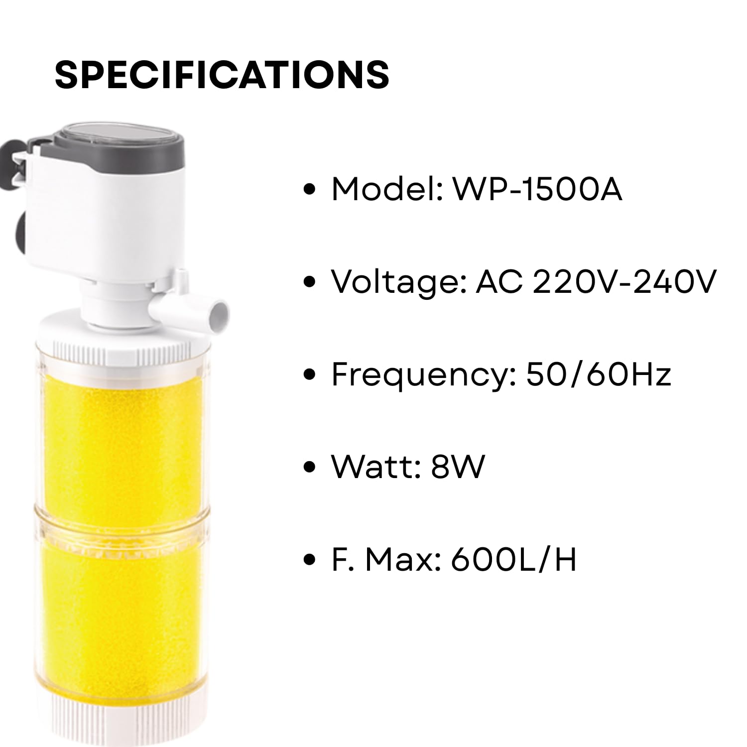 S0B0 WP-1500A Internal Filter for Aquarium Fish Tank | Strong & Consistent Flow | Completely Submersible | for Fresh and Marine Water Tank | Power: 8W | F.Max: 600L/H | Original from Tunai Store