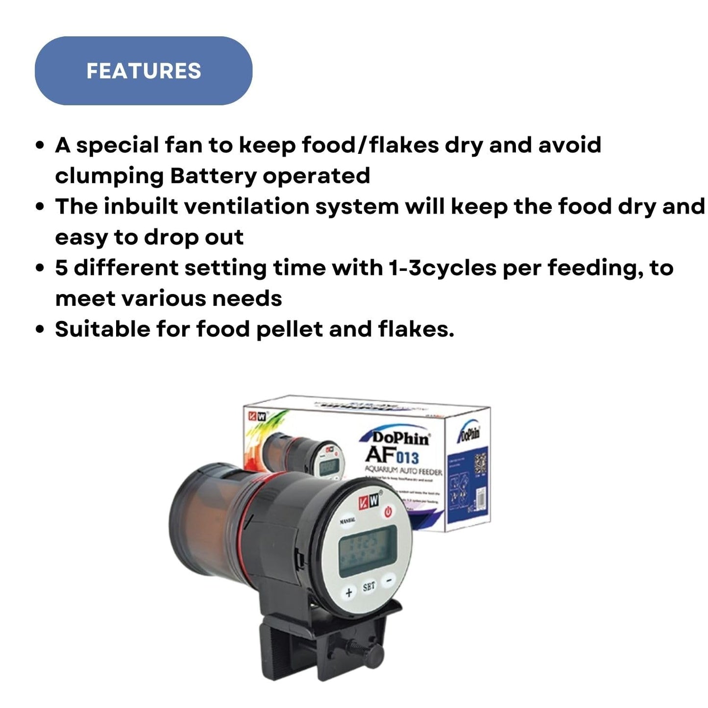 Dophin AF013 LCD Aquarium Auto Feeder | Battery Operated | Suitable for Food Pellets and Flakes | (Original from Tunai Store)