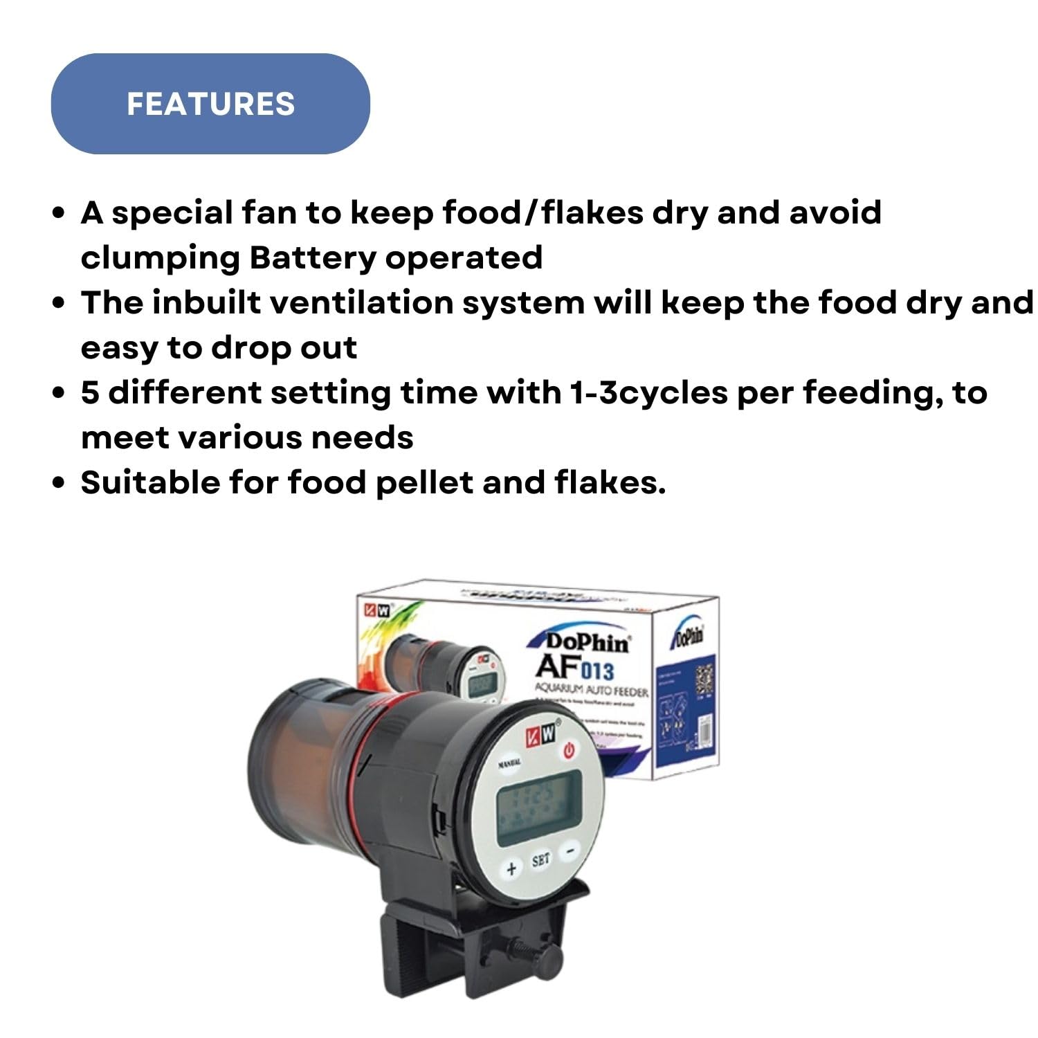 Dophin AF013 LCD Aquarium Auto Feeder | Battery Operated | Suitable for Food Pellets and Flakes | (Original from Tunai Store)