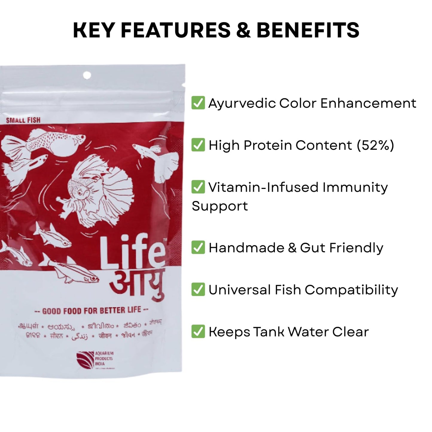 Life AAYU Red Fish Food | Ayurvedic Color Booster with Anchovy & Paprika | for All Fish Sizes | (Small, 100gms)