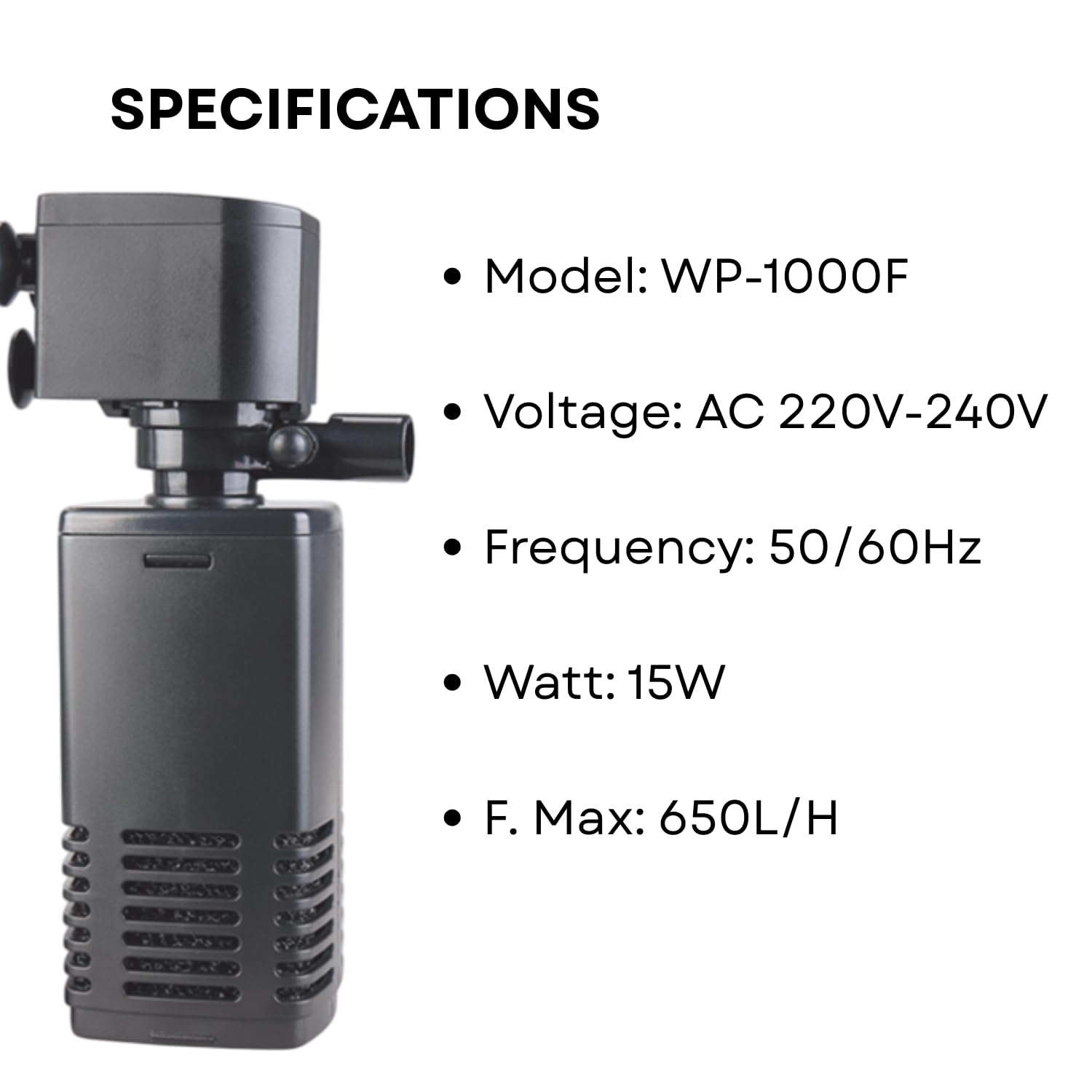 S0B0 WP-1000F Internal Filter for Aquarium Fish Tank | Completely Submersible | Absorbs Dirt & Clean the Water | For Fresh and Marine Water Tank | Power:15W | F.Max: 650L/H | Original from Tunai Store