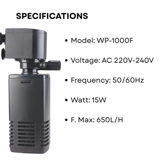 S0B0 WP-1000F Internal Filter for Aquarium Fish Tank | Completely Submersible | Absorbs Dirt & Clean the Water | For Fresh and Marine Water Tank | Power:15W | F.Max: 650L/H | Original from Tunai Store
