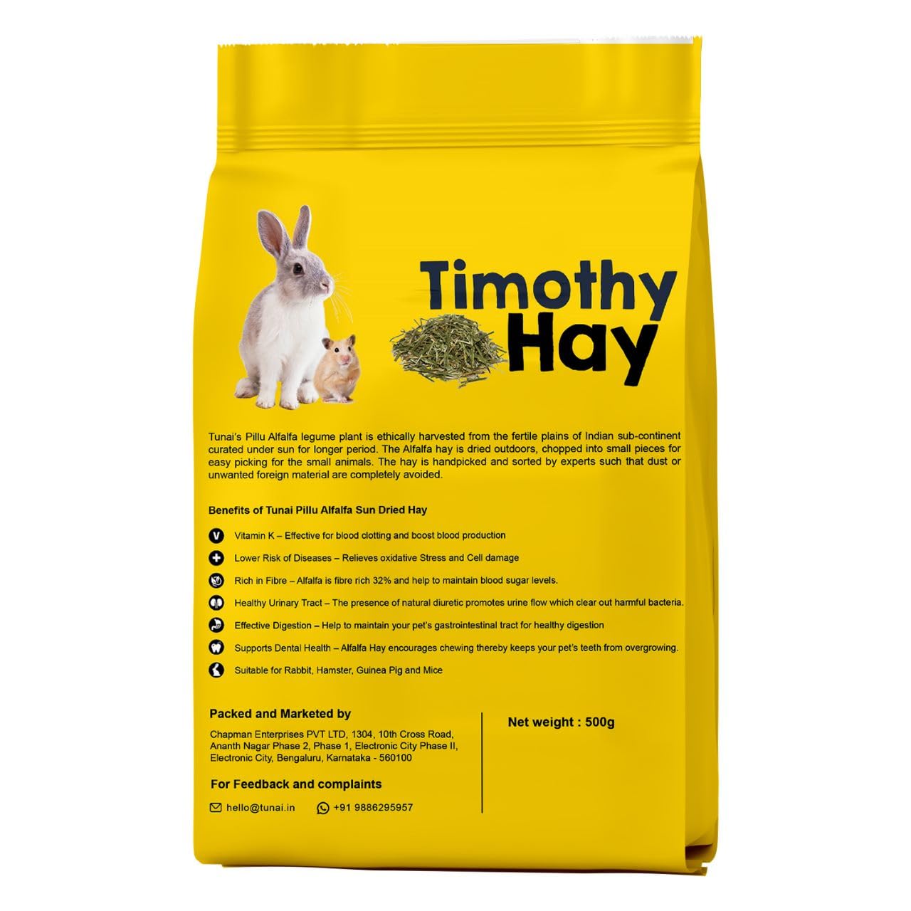 Tunai Timothy Sun Dried Hay | 800g | for Small Animals Like Rabbit, Hamsters, Guinea Pigs, Chinchillas, Degus and Hedgehogs