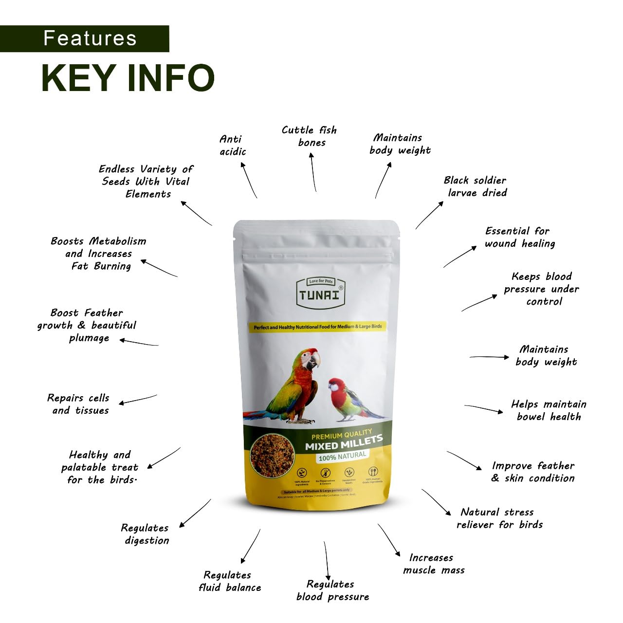 Tunai Bird Food of Mixed Millets | 950g | for Amazons, Macaws, Conures, Senegals, African Greys, Budgies, Lovebirds, & Cockatiels