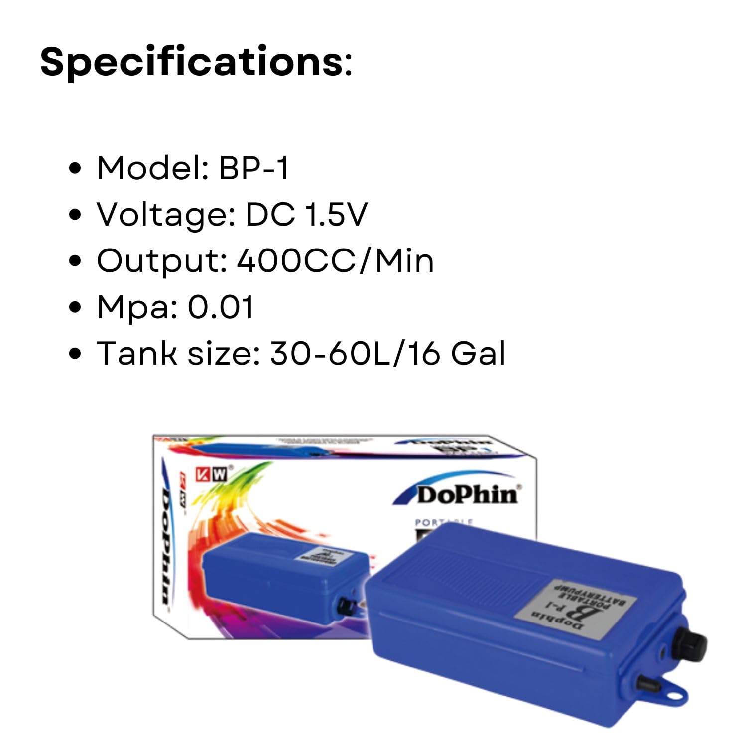 Dophin BP1 Portable Battery Pump for Aquarium Fish Tank | Safety, Reliability and Durability | Output: 400CC/Min | Suitable for Tank Size 30-60L | (Original from Tunai Store)