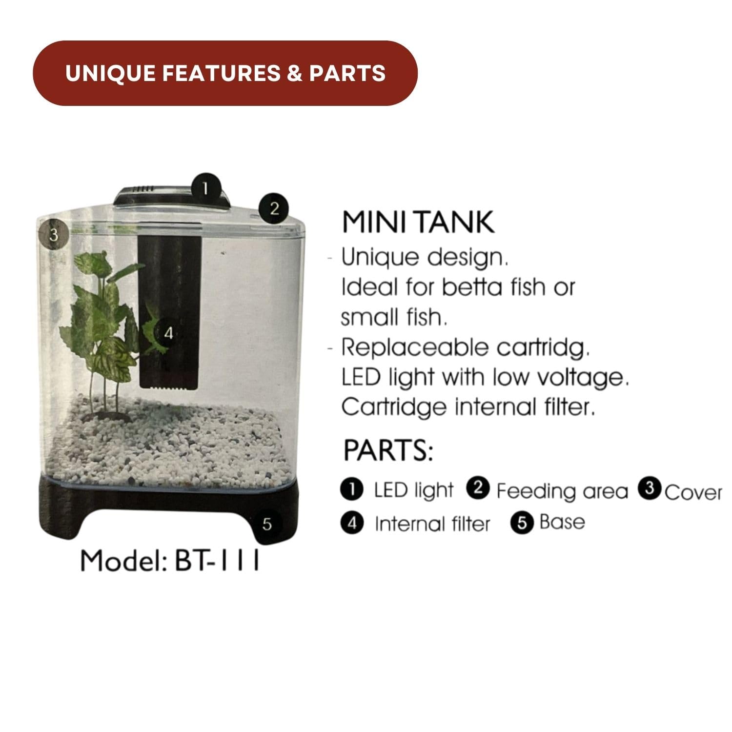 Dophin BT-111 Mini Aquarium Fish Tank | Unique Design | Complete 3-in-1 Kit | Includes Crystal Clear Tank, Filtering System and LED Light | Capacity - 5.6L Fish Tank (Original from Tunai Store)