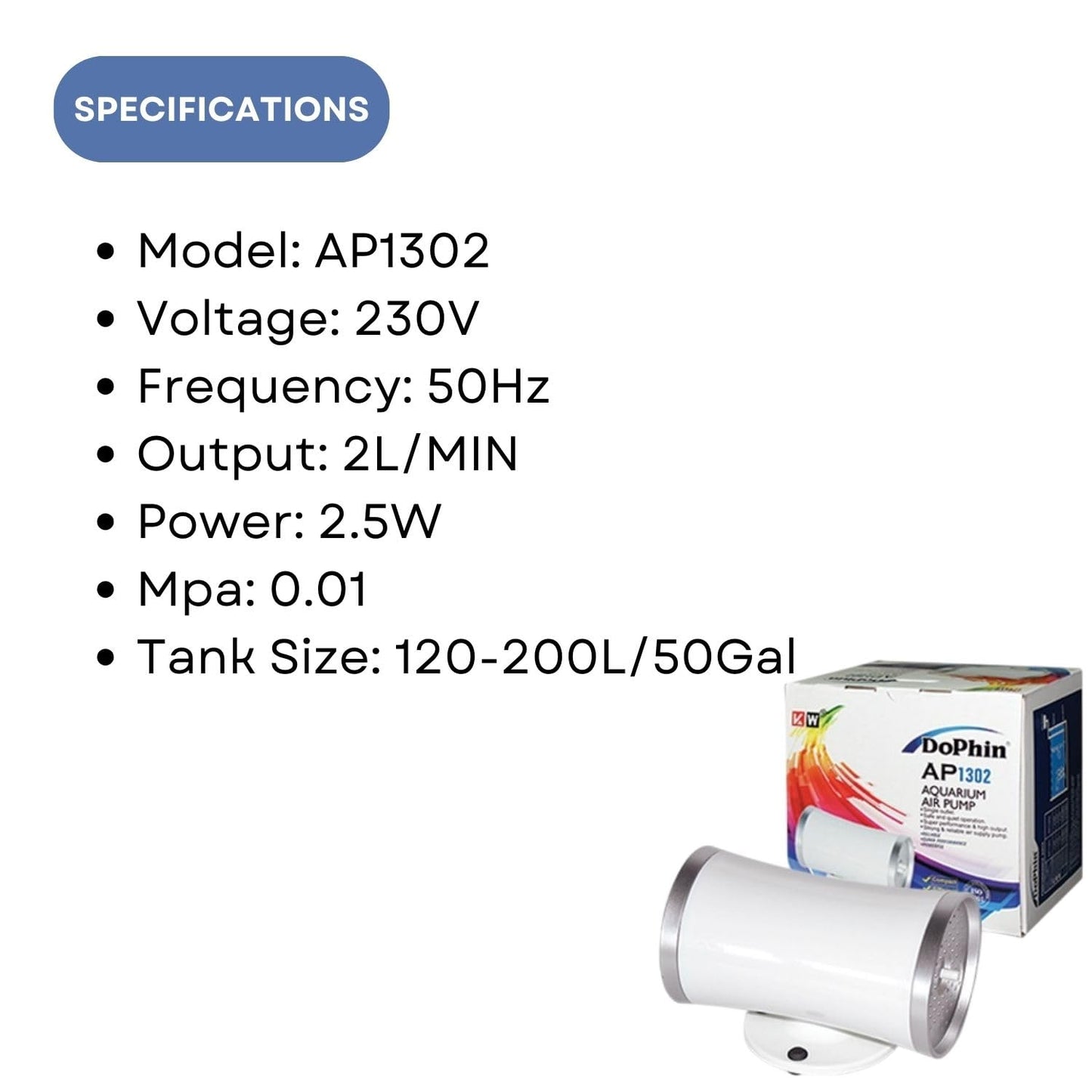 Dophin AP1302 Air Pump for Aquarium | Double Outlet | Output: 2L/min | Suitable for Fish Tank Size 120-200L | (Original from Tunai Store)