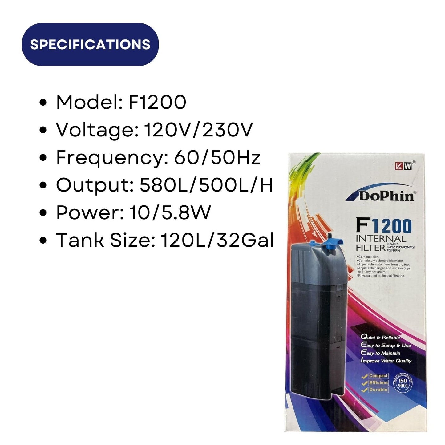 Dophin F1200 Internal Filter for Aquarium Fish Tank | Completely Submersible Motor | Output: 580/500 L/H | Suitable for Fish Tank Size 120L | (Original from Tunai Store)