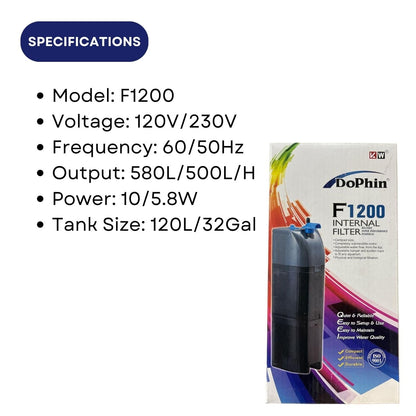 Dophin F1200 Internal Filter for Aquarium Fish Tank | Completely Submersible Motor | Output: 580/500 L/H | Suitable for Fish Tank Size 120L | (Original from Tunai Store)