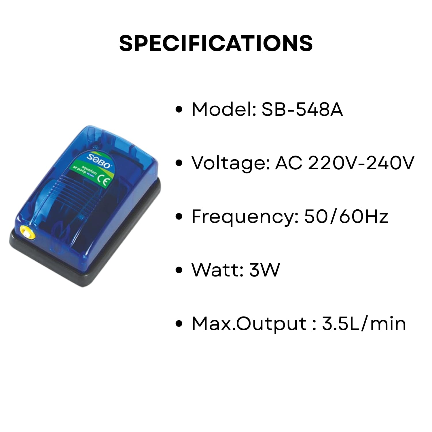 S0B0 SB-548A Air Pump for Aquarium Fish Tank | Minimal Noise Output and Vibration | Adjustable Flow Rate | Single Outlet | Power 3W | F.Max: 3.5L/min | Original from Tunai Store