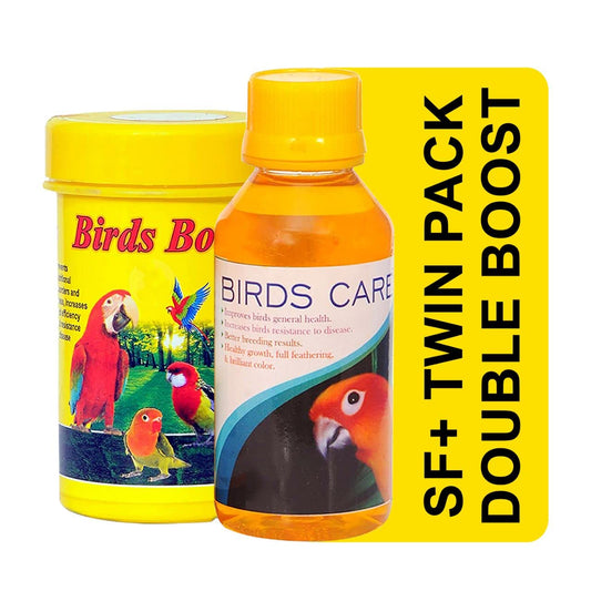 SF+ Twin Pack Bird Booster + Bird Care (Pack of 2),Healthy Supplement Fortified with Vitamins for Love Birds, Cockteils, Finches, Conures, Parrots, Macaws, Senegals, Parrots