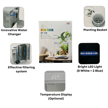 Dophin BT 120 Mini Aquarium Fish Tank | Complete Filtration | Compact and Elegant | Planting Basket | Capacity - 10L Fish Tank (Original from Tunai Store)