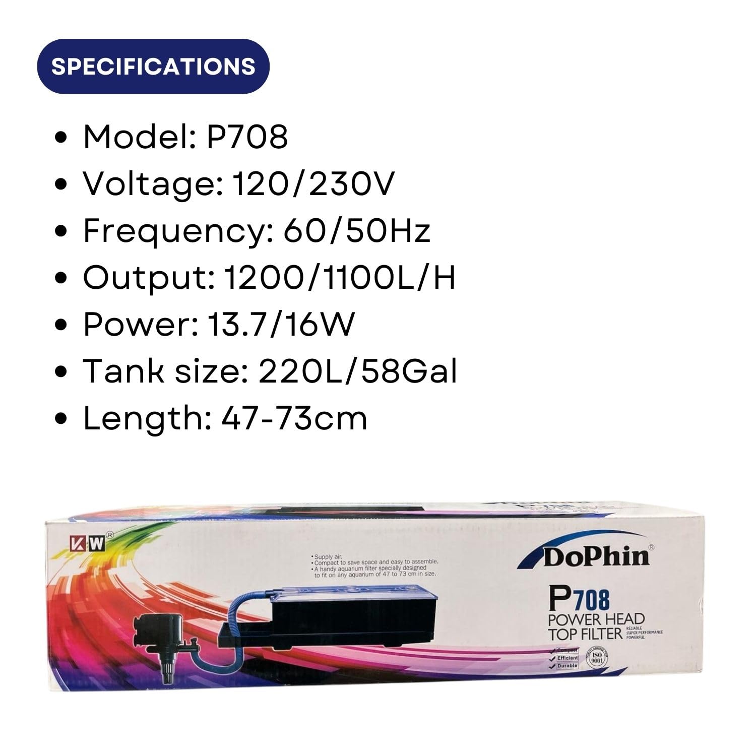 Dophin P708 Power Head Top Filter for Aquarium Fish Tank | Compact, Efficient and Durable | Output: 1200/1100L/H | Suitable for Tank Size 220L | (Original from Tunai Store)