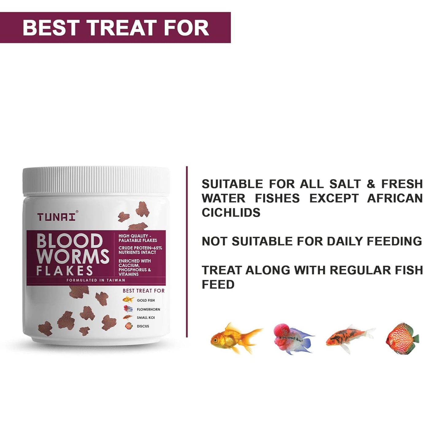 TUNAI Blood Worm Flakes with 55% Protein |50G| Supplement Treat, Boost Color and Fish Food for Gold Fish, Flowerhorn, Small Koi, & Discus, 1 Count