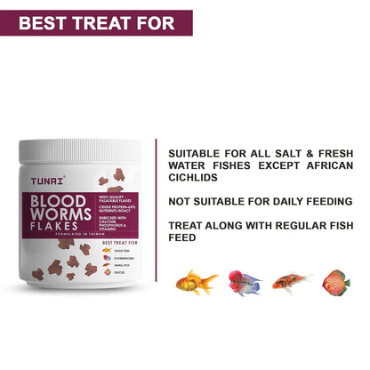 TUNAI Blood Worm Flakes with 55% Protein |50G| Supplement Treat, Boost Color and Fish Food for Gold Fish, Flowerhorn, Small Koi, & Discus, 1 Count