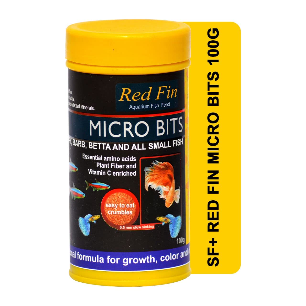 SF+ Red Fin Micro Bits | 100g | Fish Food Fortified with 53% High Protein for All Medium and Adult Sized Tetra, Guppy, Barb, Betta and Other Small Fish Breeds