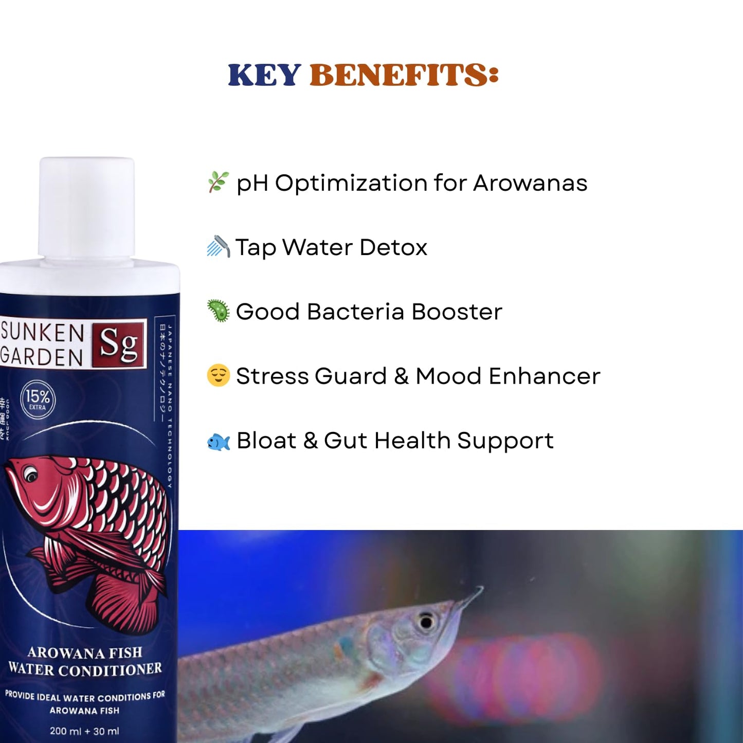 Sunken Garden Arowana Water Conditioner | for Strength, Color & Calm Behavior | Multi-Action Conditioner for Arowanas (200 ml + 30 ml)