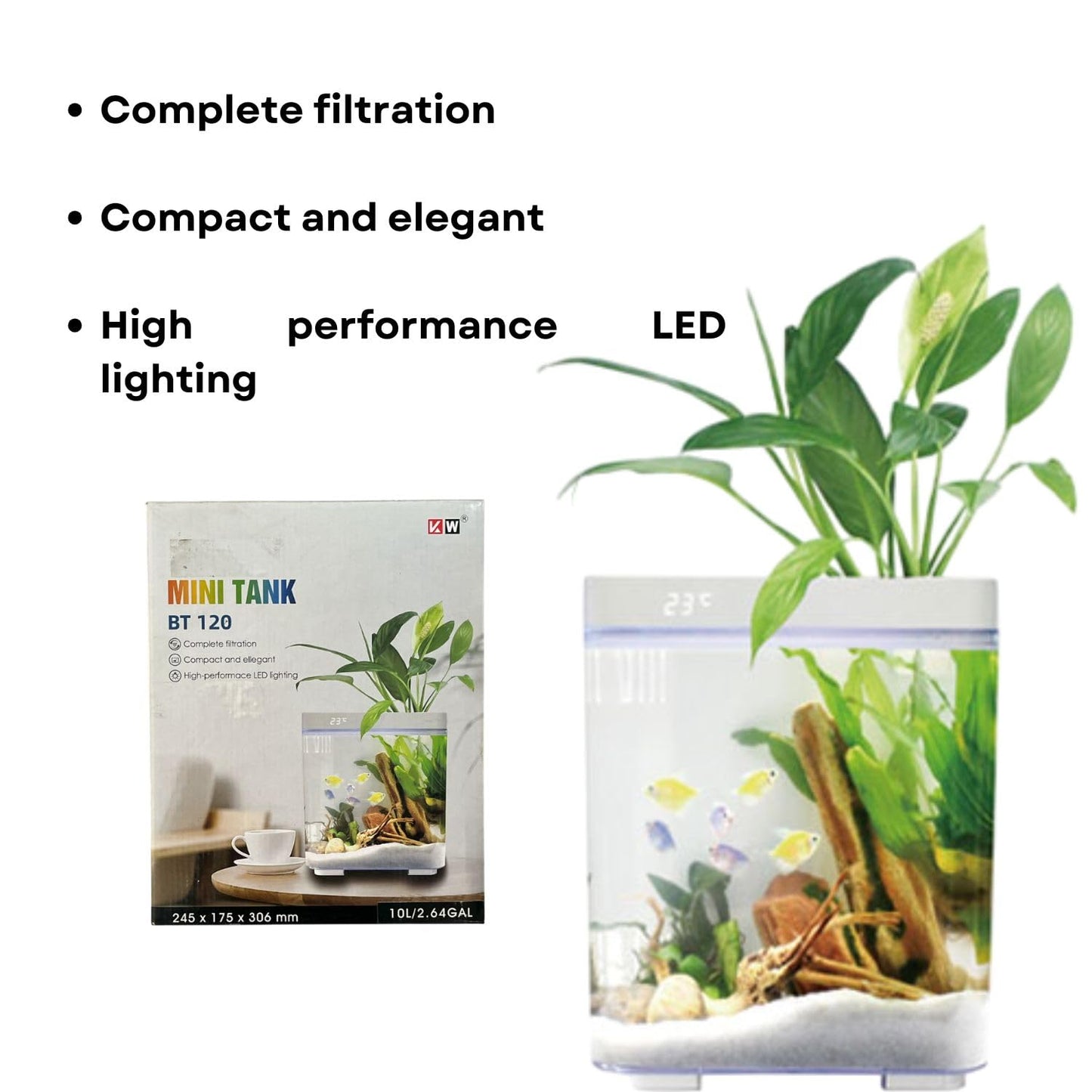 Dophin BT 120 Mini Aquarium Fish Tank | Complete Filtration | Compact and Elegant | Planting Basket | Capacity - 10L Fish Tank (Original from Tunai Store)