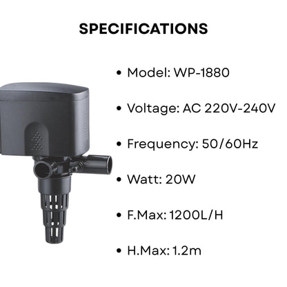 S0B0 WP-1880 Power Head for Aquarium Fish Tank | Powerful Water Circulation for Strong and Consistent Flow | Ideal for Marine and Fresh Water | Power: 20W | F.Max: 1200L/H | Original from Tunai Store