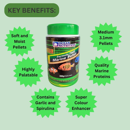 ON+ Formula Two Marine Pellets Fish Food (Original from Tunai Store) | Spirulina Enriched for Herbivorous/Omnivorous Marine Tropical Fish (400gms, Small Pellets)