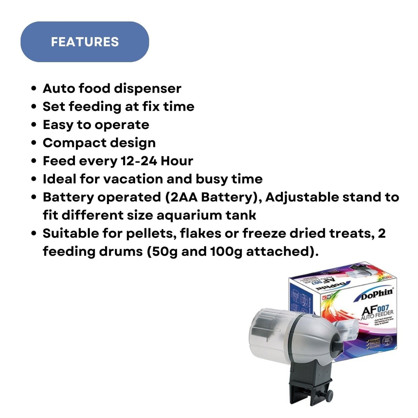 Dophin AF007 Auto Feeder for Aquarium Fish Tank | Auto Food Dispenser | Suitable for Pellets, Flakes or Freeze Dried Treats | (Original from Tunai Store)