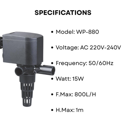 S0B0 WP-880 Power Head for Aquarium Fish Tank | Powerful Water Circulation for Strong and Consistent Flow | Ideal for Marine and Fresh Water | Power: 15W | F.Max: 800L/H | Original from Tunai Store