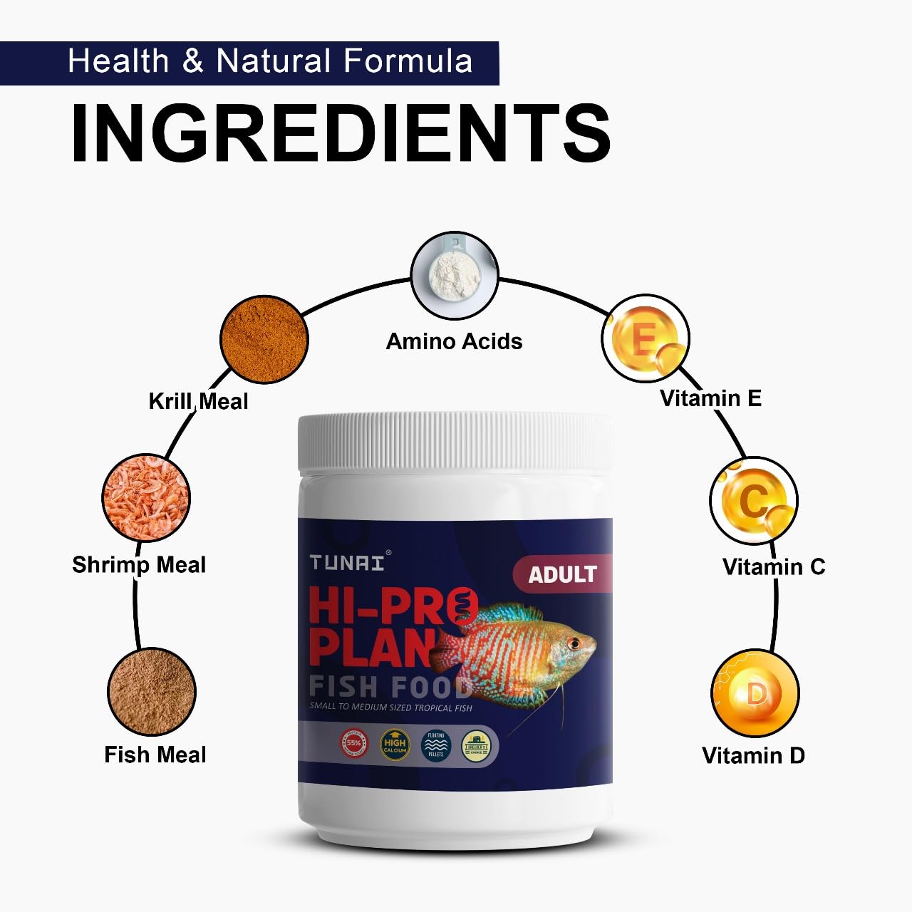 Tunai HI-PRO Plan Optimum Fish Food with 55% Protein | 450g | 1MM Pellets for Small and Medium Sized Gold Fish, Angel Fish, Betta, Tetras, Gourami & Other Tropical Fishes