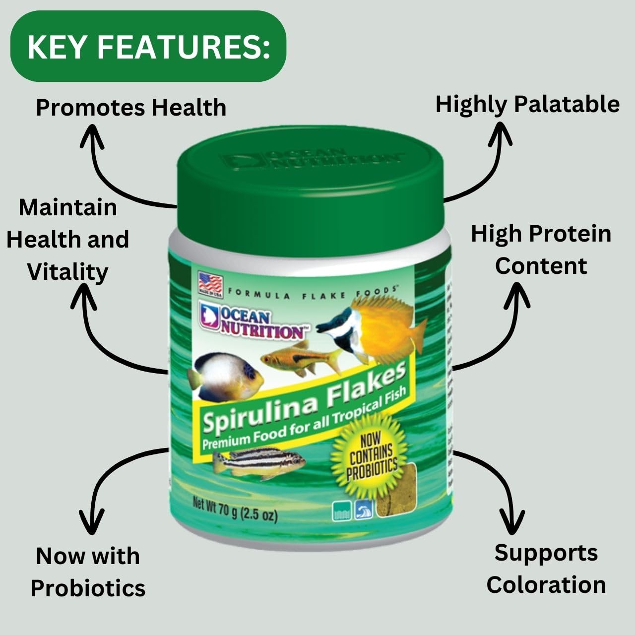 ON+ Spirulina Flakes Fish Food with Probiotics (Original from Tunai Store) | Premium Flake Food for All Tropical Fish (71gms, Flake)