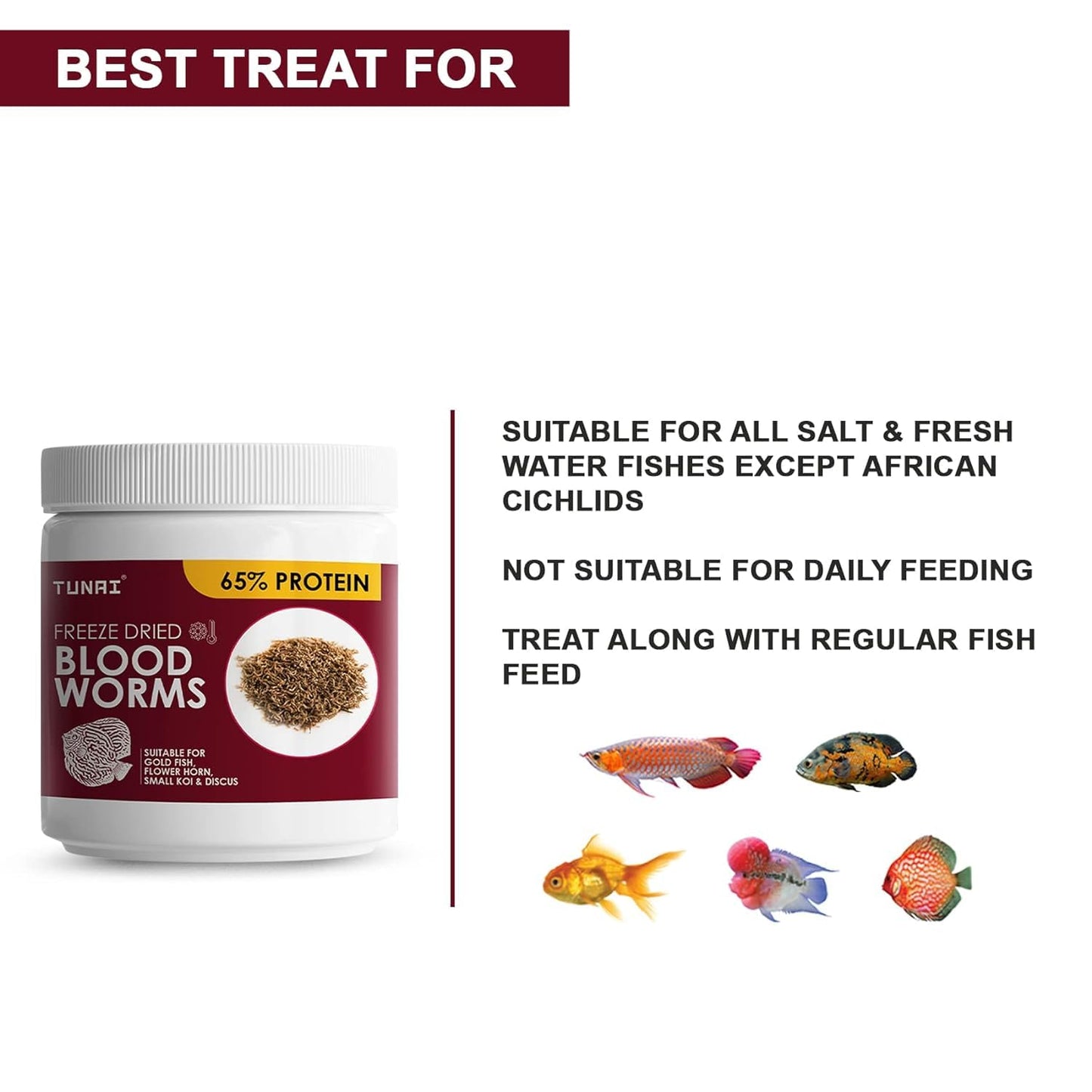 Tunai Superior Freeze Dried Blood Worms | 25g | Natural Fish Food for Tropical Fishes Like Arowana, Oscar, Gold Fish, Flowerhorn, and Discus with 65% Protein
