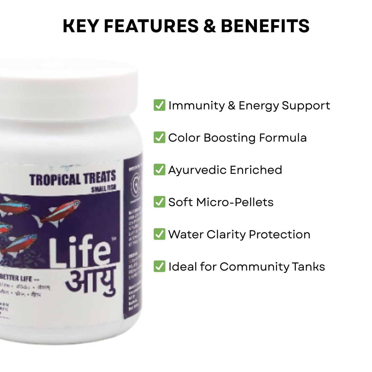 Life AAYU Tropical Treats Fish Food | Ayurvedic Immunity Boost with Spirulina, Moringa, Garlic & Color Enhancers | for All Tropical Fishes | (Small, 70 GMS)