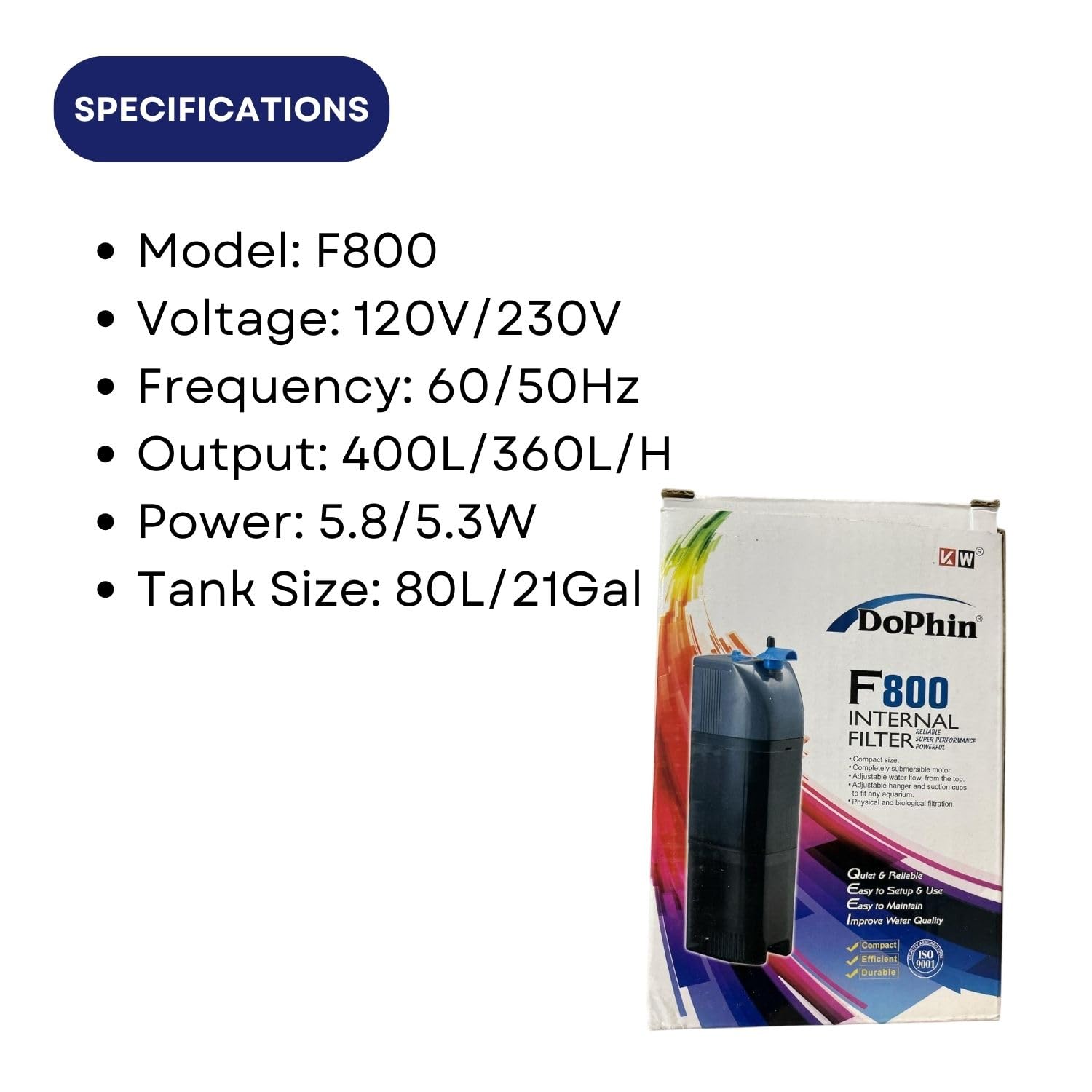 TUNAI Dophin F2000 Internal Filter for Aquarium Fish Tank | Completely Submersible Motor | Output: 850/800 L/H | Suitable for Fish Tank Size 160L