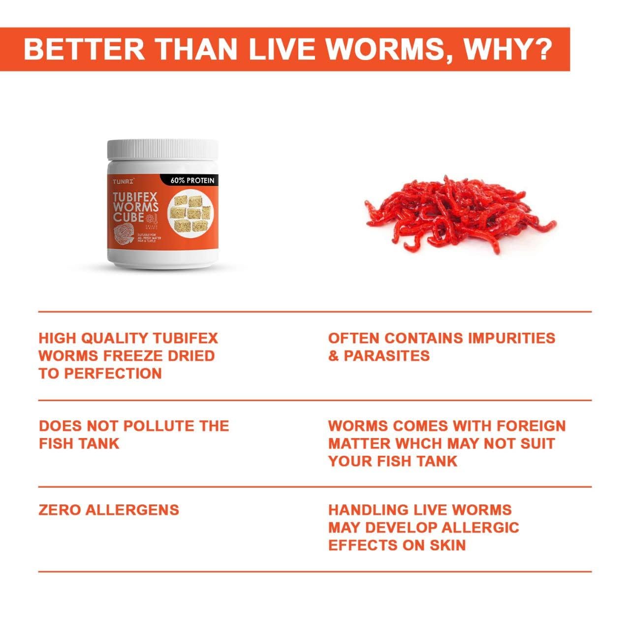 TUNAI Tubifex Worms Cube Blocks Fish Food for BARBELS, Catfish, DANIOS, Discus, GOURAMIS, Tetra and Turtles (50g - Tubifex Freeze Dried Worms)