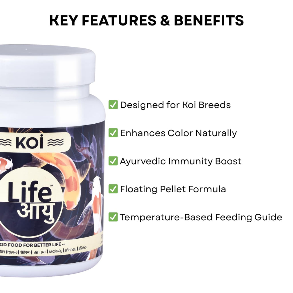 Life AAYU Koi Regular Aquarium Fish Food | Ayurvedic Floating Pellet for Indian Koi Breeds | Growth & Color Enhancer (300 GMS)