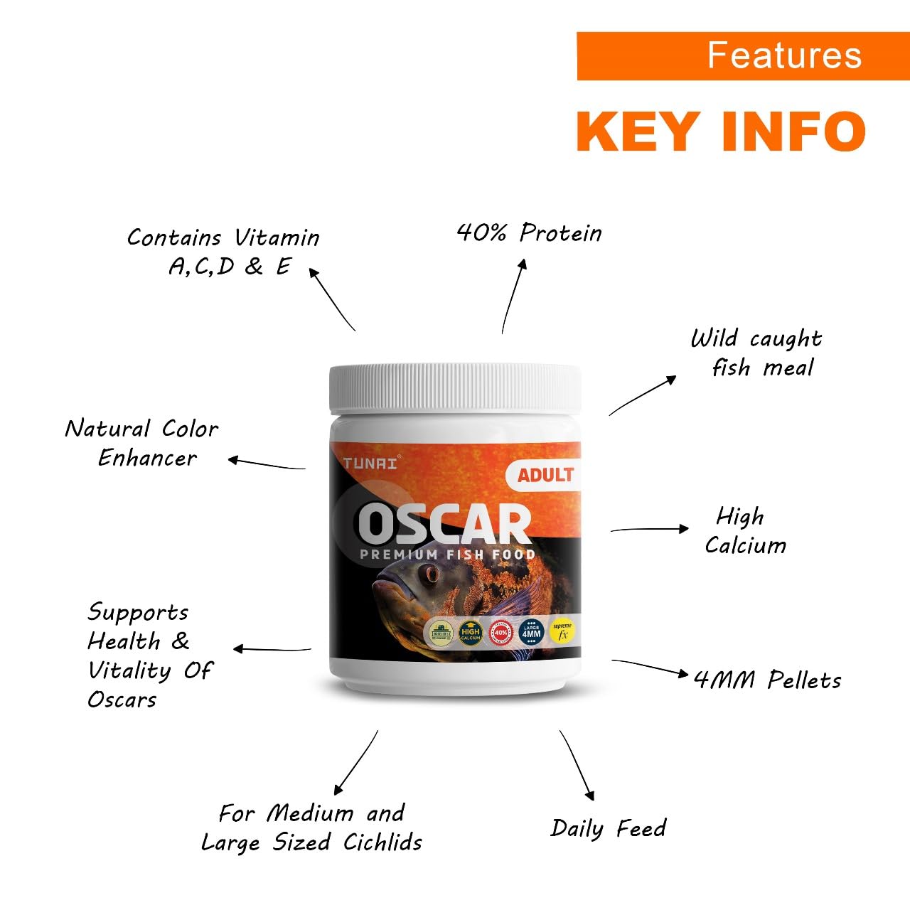 TUNAI All Life Stages Supreme Formula Oscar Fish Food Fortified with 40% Protein and Vitamins, Essential for Color Enhancement, Growth for Medium and Large Sized Oscar Fishes, 4Mm Pellet Size, 100G