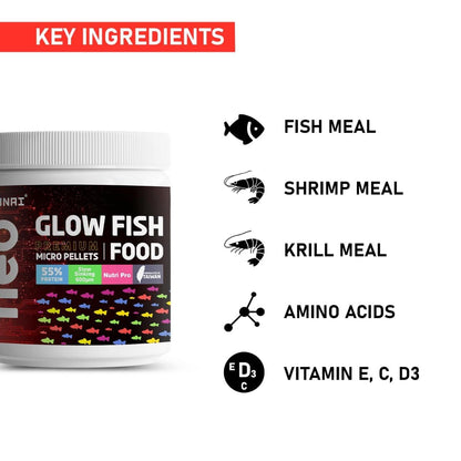 Tunai Glow Widow Fish Food | 100g | 55% Protein for Growth| 600 Microns Slow Sinking Aquarium Guppy Food (100g - 600 microns Granules)