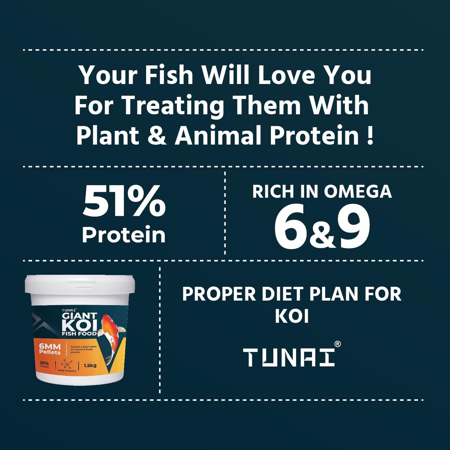 TUNAI Giant Koi Fish Food | 6MM Pellets | 1.5 Kg Bucket | Enriched with 51% Protein |Suitable for All Large Size Adult Koi Pond Fish
