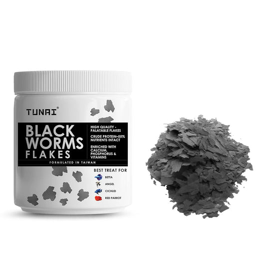 TUNAI All Life Stages Black Worm Flakes with 55% Protein 50G Supplement Treat, Boost Color and Fish Food for Betta, Angel, Cichlids, Red Parrot, Discus, Gold Fish, Flowerhorn, & Guppies