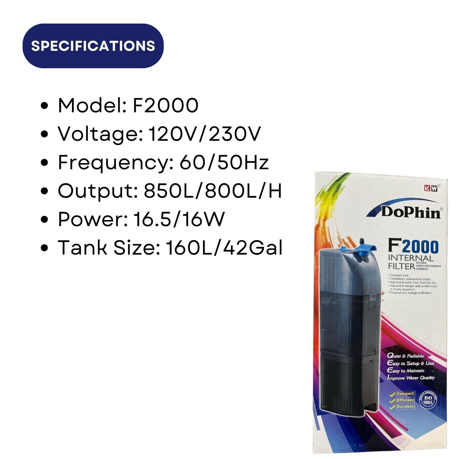 Dophin F2000 Internal Filter for Aquarium Fish Tank | Completely Submersible Motor | Output: 850/800 L/H | Suitable for Fish Tank Size 160L | (Original from Tunai Store)