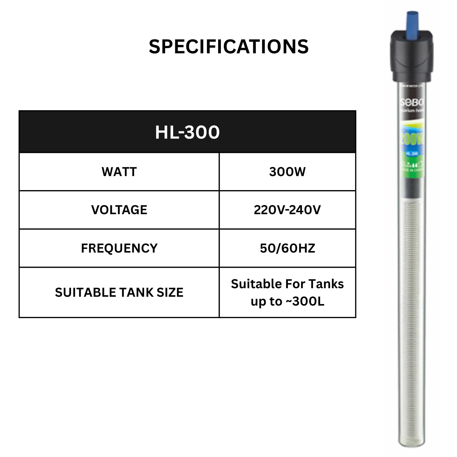S0B0 HL-200 Ordinary Glass Aquarium Heater | Fully Submersible | Suitable for Tanks Upto 200L | Original from Tunai Store
