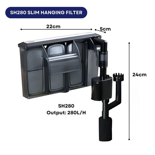 Dophin SH280 Slim Hanging Filter for Aquarium Fish Tank | Mechanical and Biological Filtration | Output: 280/280L/H | Suitable for Tank Size 60L | (Original from Tunai Store)