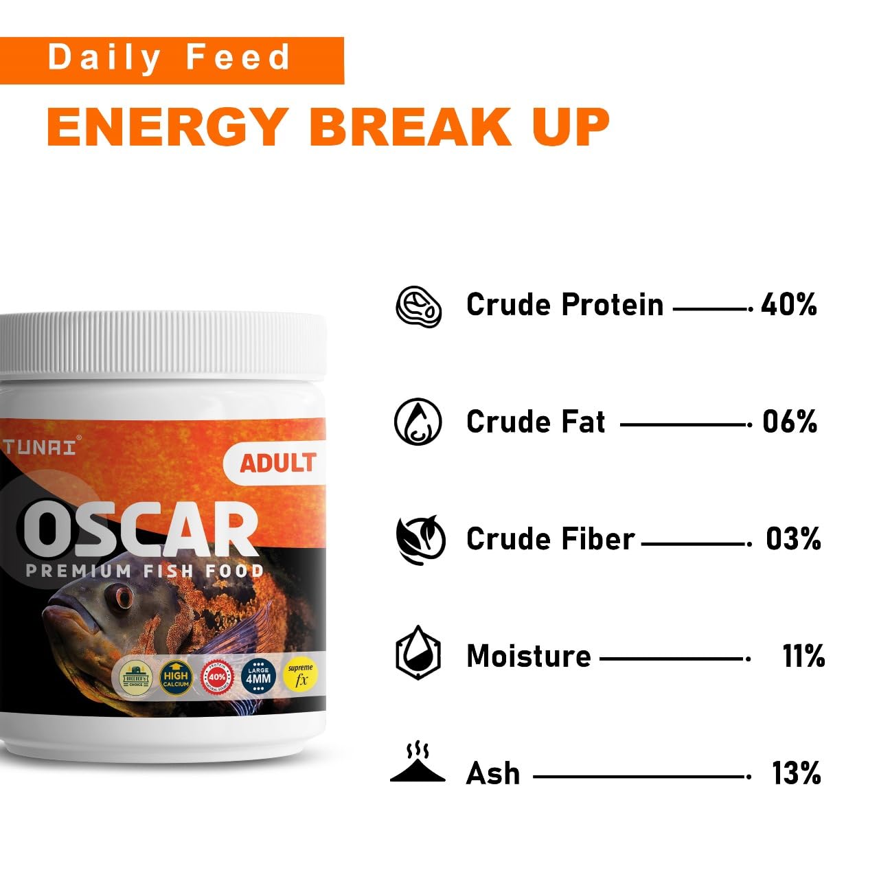 TUNAI All Life Stages Supreme Formula Oscar Fish Food Fortified with 40% Protein and Vitamins, Essential for Color Enhancement, Growth for Medium and Large Sized Oscar Fishes, 4Mm Pellet Size, 100G