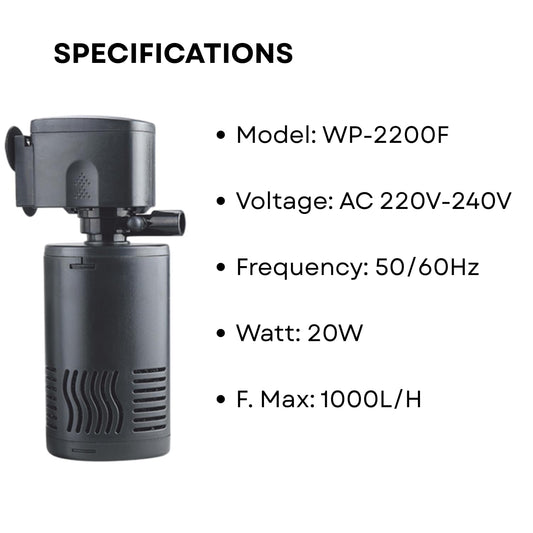 S0B0 WP-2200F Internal Filter for Aquarium Fish Tank | Completely Submersible | Absorbs Dirt & Clean The Water | for Fresh & Marine Water Tank | Power:20W | F.Max: 1000L/H | Original from Tunai Store