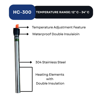 S0B0 HC-300 316 300W Stainless Steel Aquarium Heater| Stainless Steel Tube | Corrosion-Resistance | Fully Submersible | Suitable for 200-300L Aquarium | Original from Tunai Store