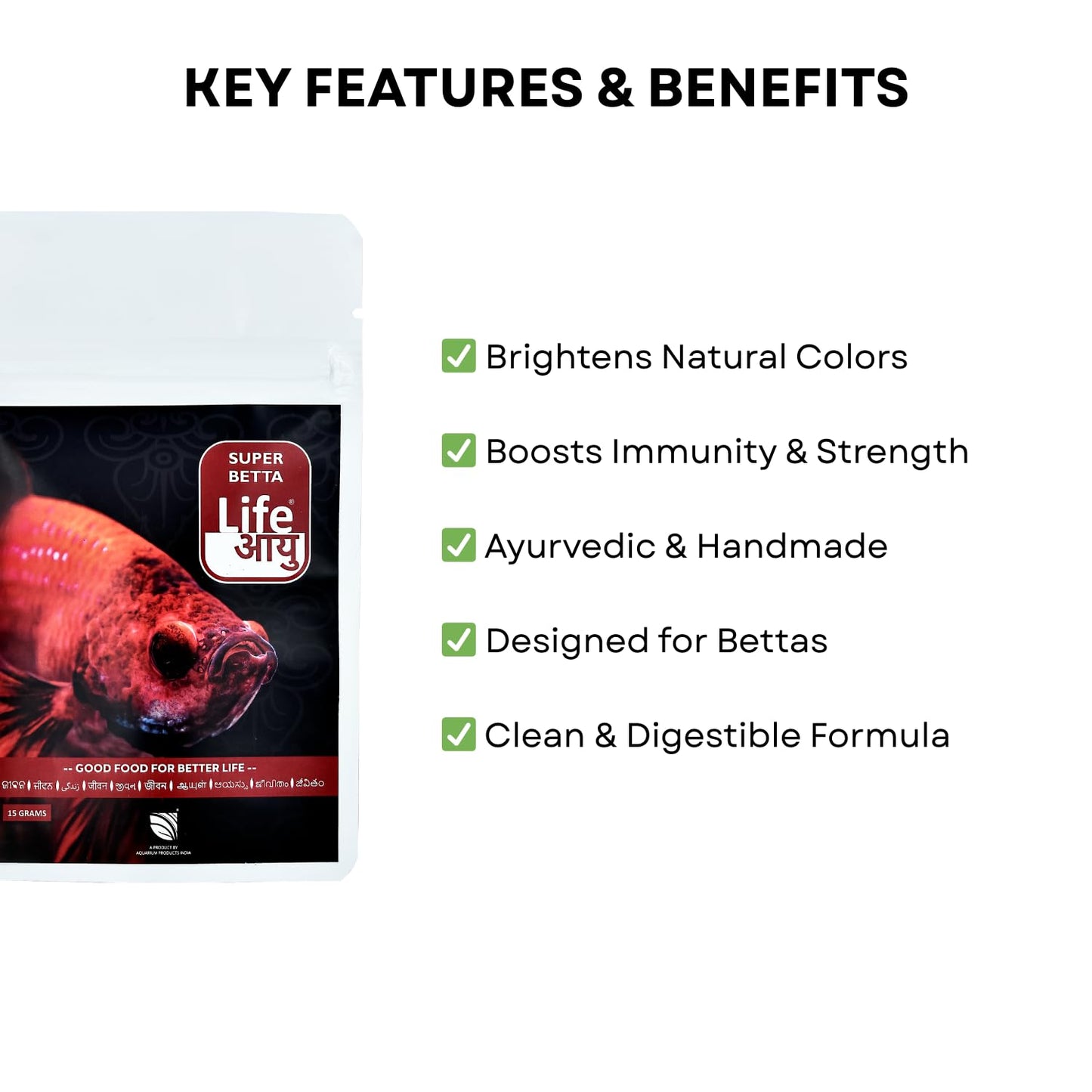 Life AAYU Super Betta Fish Food | Handmade Ayurvedic Formula for Color & Health | Natural Floating Pellets (15 GMS)