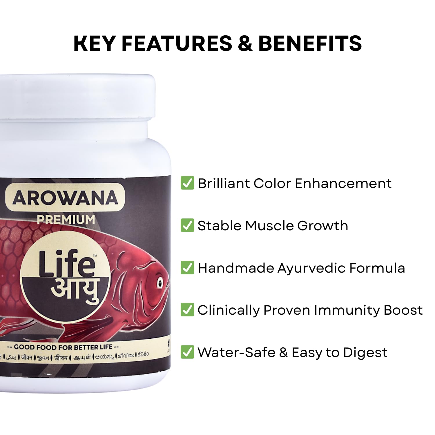 Life AAYU Arowana Premium Aquarium Fish Food | Handmade Ayurvedic Diet for Asian Arowanas | Color Boost, Muscle Growth & Immunity (300 GMS)